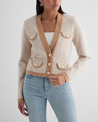 Tipped Striped Novelty Button Sweater Jacket