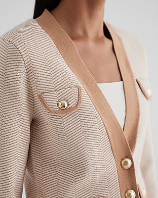 Tipped Striped Novelty Button Sweater Jacket