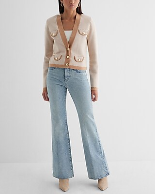 Tipped Striped Novelty Button Sweater Jacket