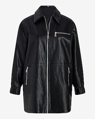 Faux Leather Cinched Oversized Bomber Jacket