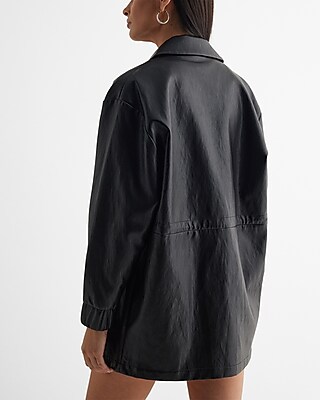 Faux Leather Cinched Oversized Bomber Jacket