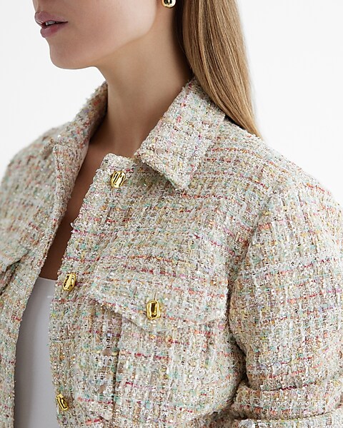 Sequin Tweed Novelty Button Cropped Bomber Jacket