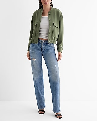 Patch Pocket Cropped Bomber Jacket