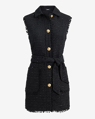 Shine Tweed Fringe Novelty Button Belted Vest