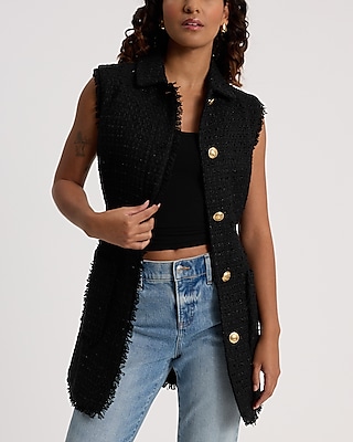 Shine Tweed Fringe Novelty Button Belted Vest