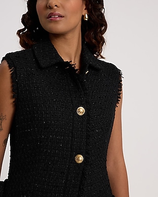 Shine Tweed Fringe Novelty Button Belted Vest