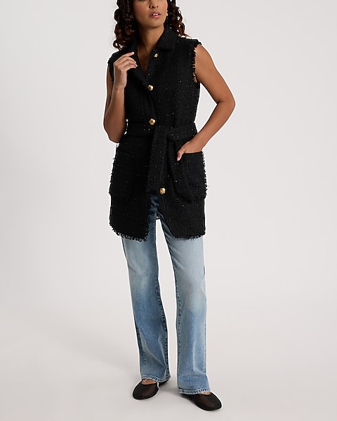 Shine Tweed Fringe Novelty Button Belted Vest | Express Shine Tweed Fringe Novelty Button Belted Vest | Express