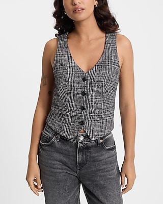 Editor Tweed Plaid Five Button Blazer Vest