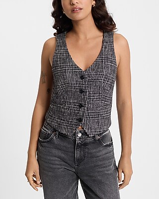 Editor Tweed Plaid Five Button Blazer Vest