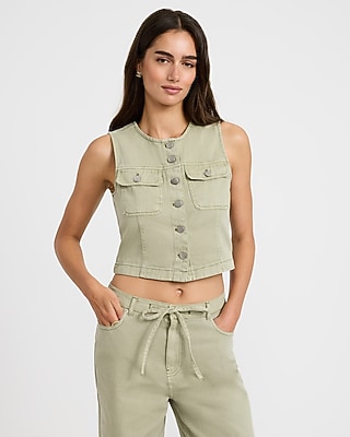 Cotton Denim Crew Neck Button Front Vest