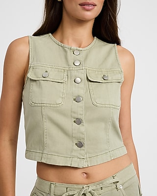 Cotton Denim Crew Neck Button Front Vest