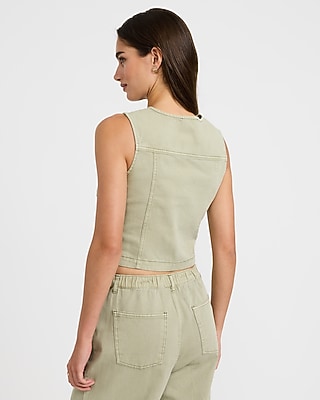 Cotton Denim Crew Neck Button Front Vest