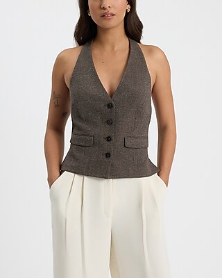 Mini Houndstooth Halter Button Front Blazer Vest
