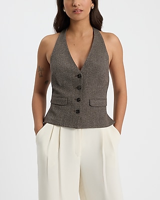 Mini Houndstooth Halter Button Front Blazer Vest