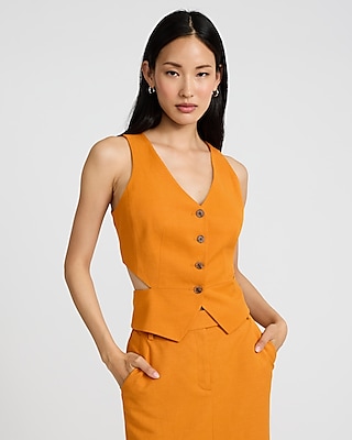 Linen-Blend Cutout Blazer Vest