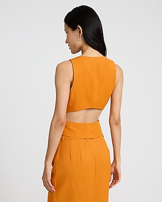 Linen-Blend Cutout Blazer Vest