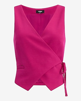 Linen-Blend Asymmetrical Wrap Tie Blazer Vest