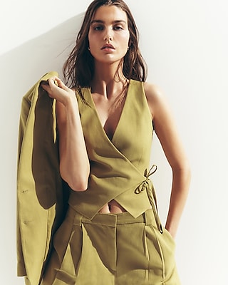 Linen-blend Asymmetrical Wrap Tie Blazer Vest