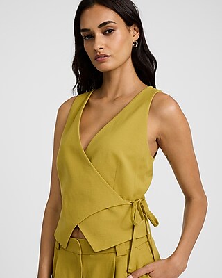 Linen-blend Asymmetrical Wrap Tie Blazer Vest