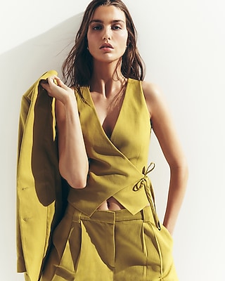 Linen-Blend Asymmetrical Wrap Tie Blazer Vest - image 2