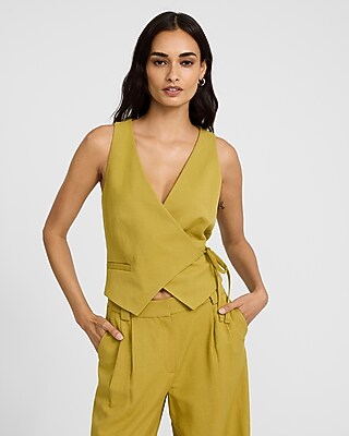 Linen-Blend Asymmetrical Wrap Tie Blazer Vest - image 3