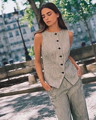 Striped Boat Neck Cutaway Blazer Vest