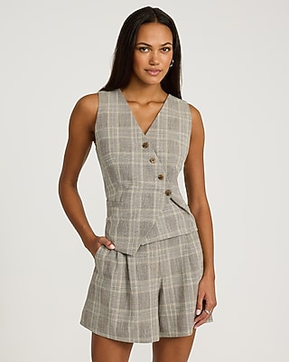 Plaid Asymmetrical Four Button Blazer Vest