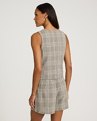 Plaid Asymmetrical Four Button Blazer Vest