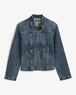 Medium Wash Zip Front Denim Jacket | Express