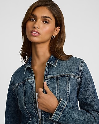 Medium Wash Zip Front Denim Jacket | Express