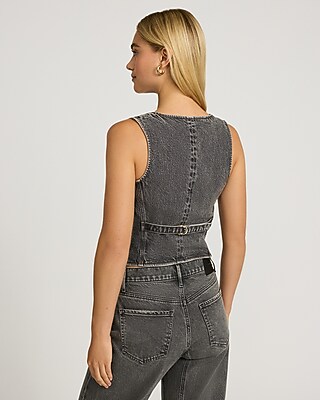 Washed Black Denim V-Neck Cutaway Vest - image 3