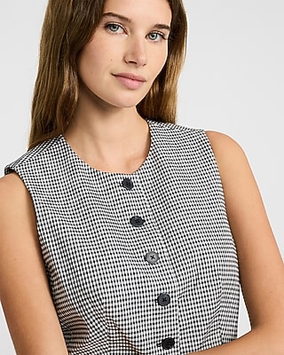 Gingham Stretch Cotton Crew Neck Cutaway Vest