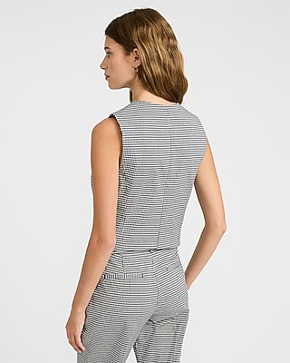 Gingham Stretch Cotton Crew Neck Cutaway Vest