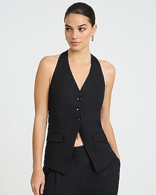 Summer-Blend Linen Halter V-Neck Cutaway Blazer Vest