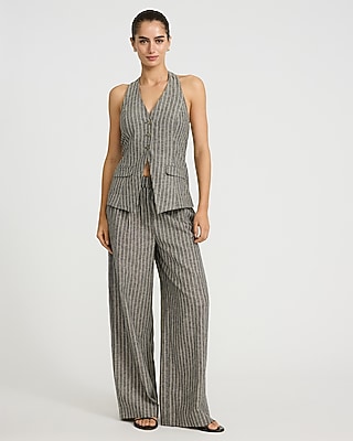 Cotton-Linen Striped Halter Cutaway Tailored Vest
