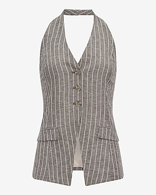 Cotton-Linen Striped Halter Cutaway Tailored Vest