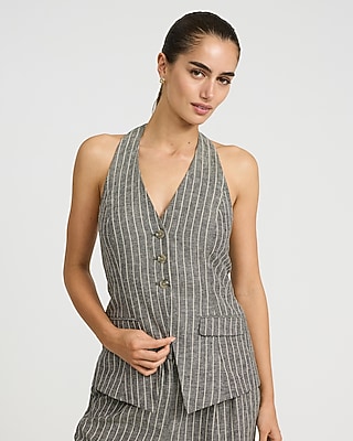 Cotton-Linen Striped Halter Cutaway Tailored Vest