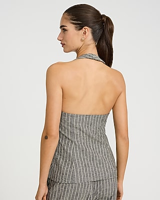 Cotton-Linen Striped Halter Cutaway Tailored Vest