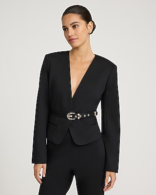 Signature Ponte Collarless Belted Blazer
