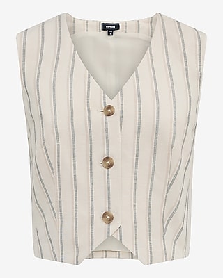 Linen-Blend Striped Cropped Blazer Vest