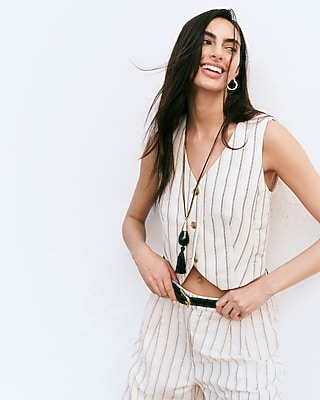 Linen-Blend Striped Cropped Blazer Vest