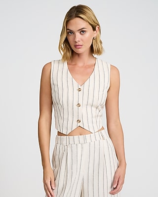 Linen-Blend Striped Cropped Blazer Vest