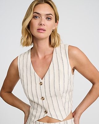 Linen-Blend Striped Cropped Blazer Vest