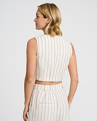 Linen-Blend Striped Cropped Blazer Vest