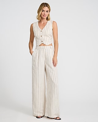 Linen-Blend Striped Cropped Blazer Vest