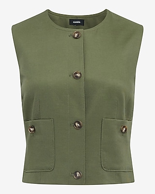 Linen-Blend Crew Neck Utility Blazer Vest