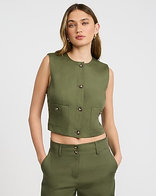 Linen-Blend Crew Neck Utility Blazer Vest