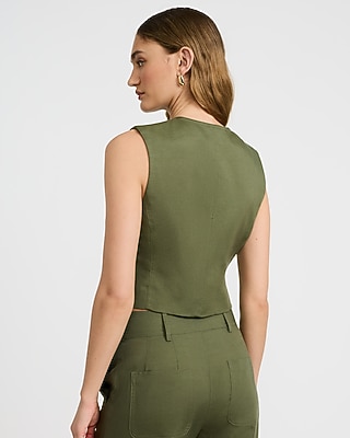 Linen-Blend Crew Neck Utility Blazer Vest