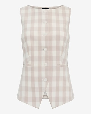 Linen-Blend Gingham Boat Neck Cutaway Blazer Vest