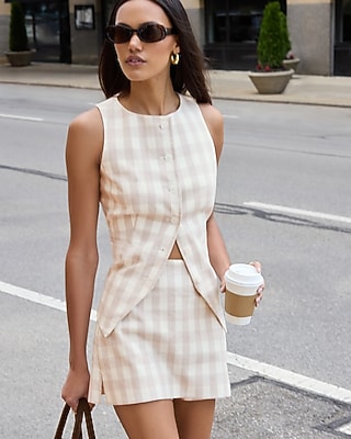 Linen-Blend Gingham Boat Neck Cutaway Blazer Vest